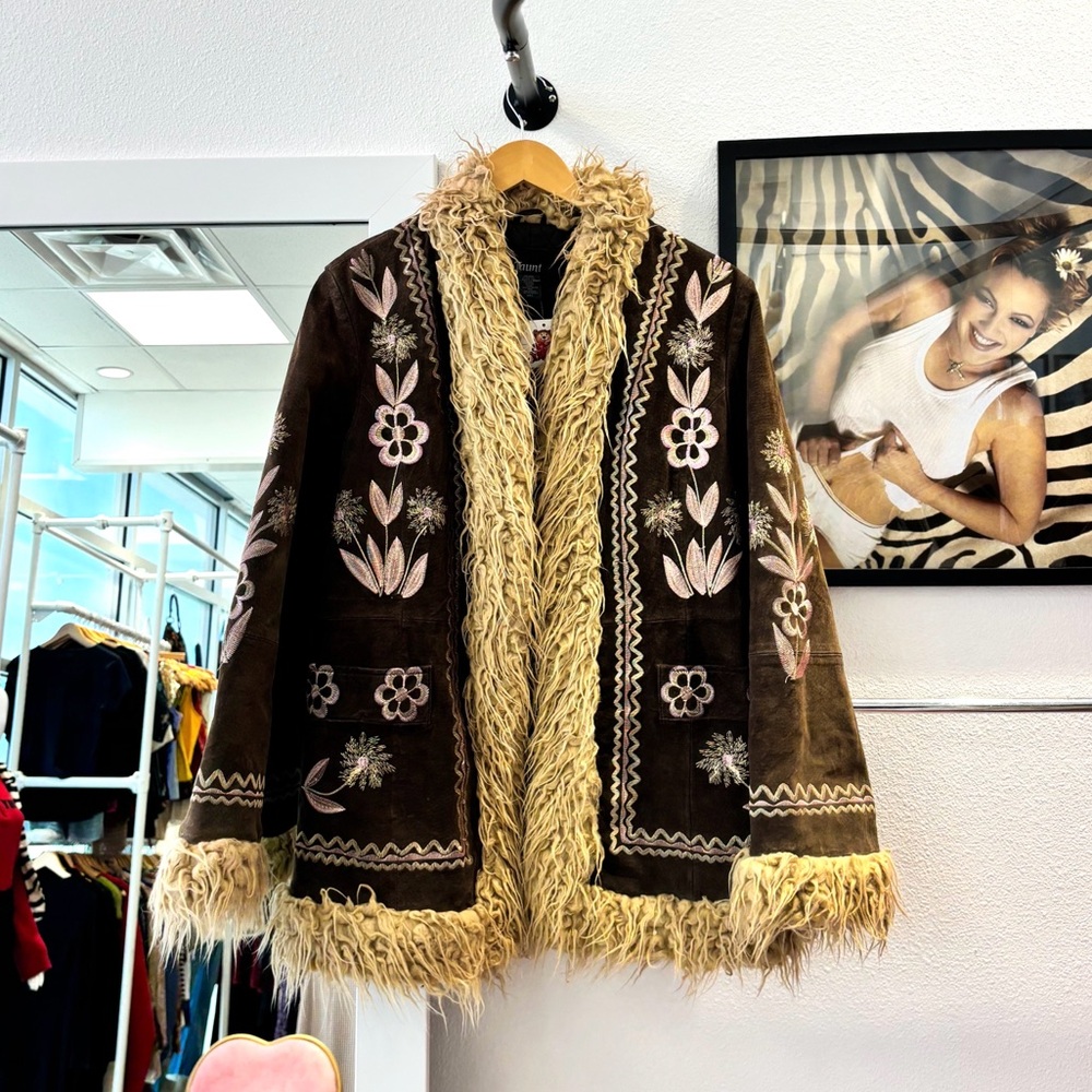 Genuine Suede faux fur trim Coat